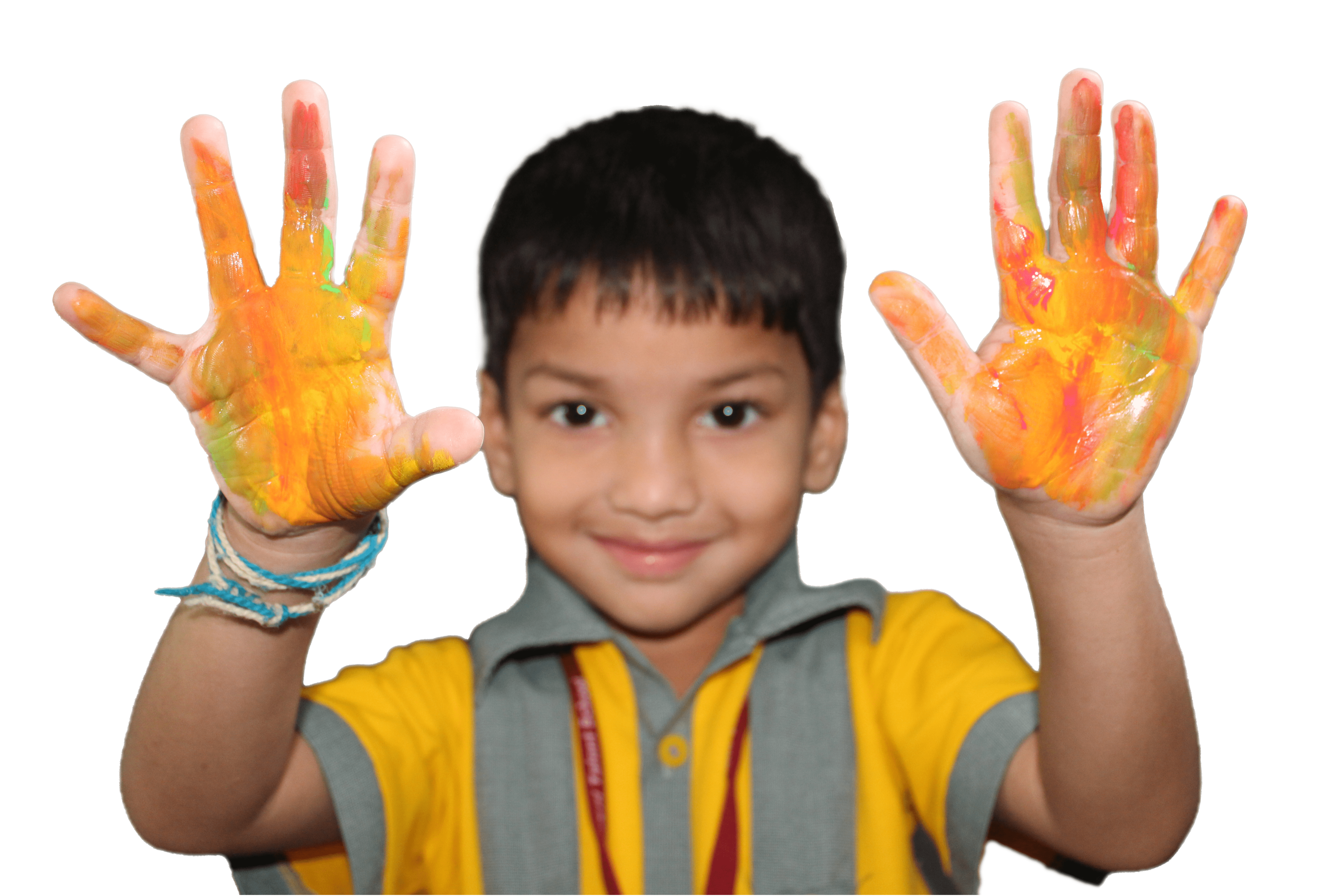 child with colored hands showing camera